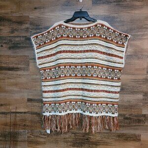 R Fashions Eyelash Fringe Poncho Sweater Size OS Tassel Hem Soft Western Boho